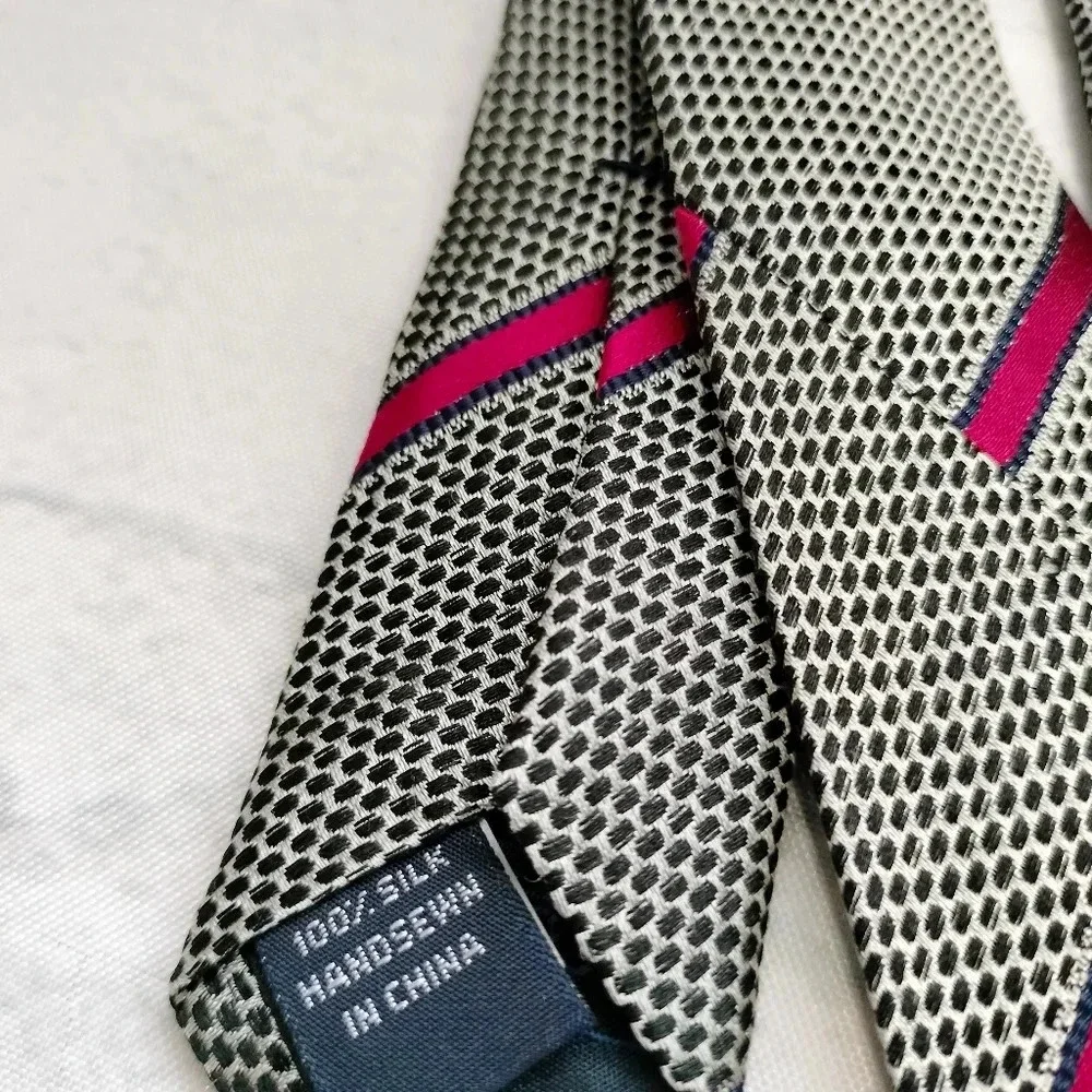 Lands' End Silk Hand Sewn Tie Necktie Red Blue Striped BLack Dots 57 x 3.75